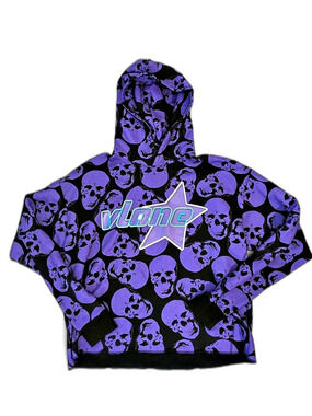Vlone Crypt Skulls print Hoodie Purple & Black Terry cloth XL New
